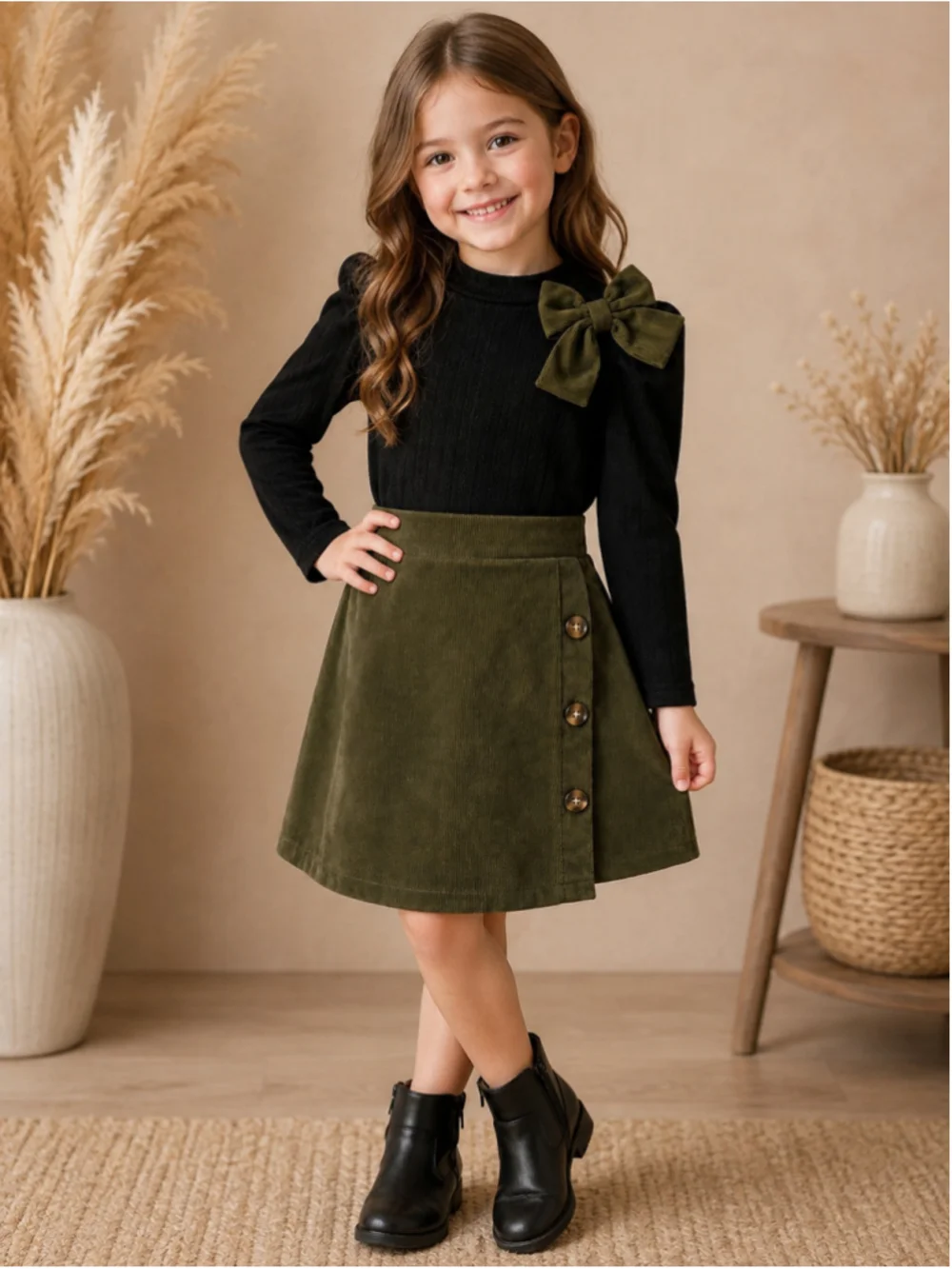 Girl’s Ribbed Knit Bow Sweater & Corduroy Skirt 2-Piece Set – Size 5